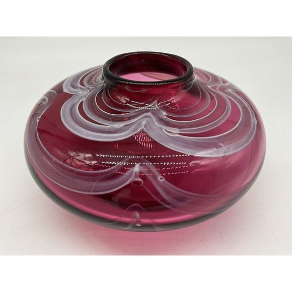 Hand Blown Gordon Redmond Cranberry with White Swirls Vase, Signed & Dated 1994 - Picture 7 of 16